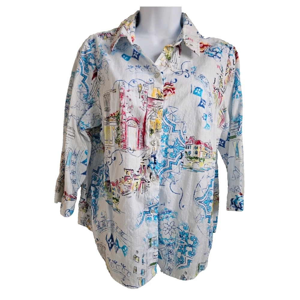 Allison Daley 16 Multicolor Button Up Women's Cityscape Art Print‎ 3/4 Sleeve